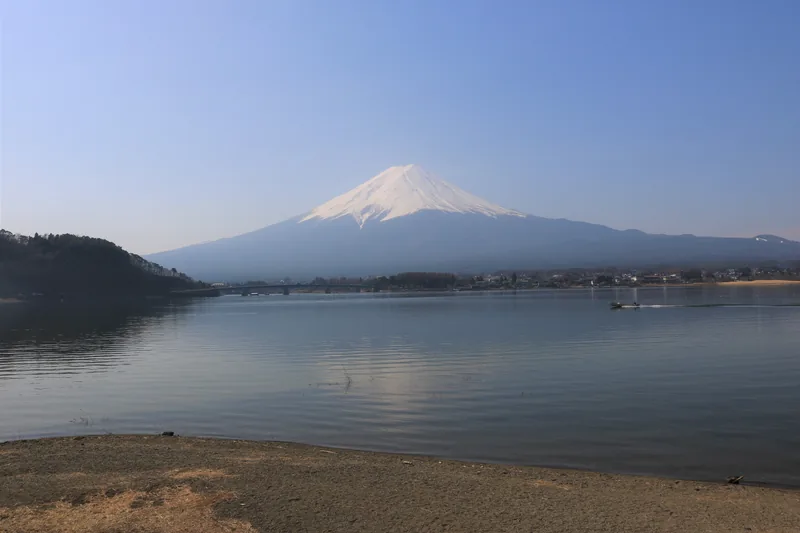 Snow-covered Mount Fuji rises across Lake Kawaguchi beneath a clear blue sky.